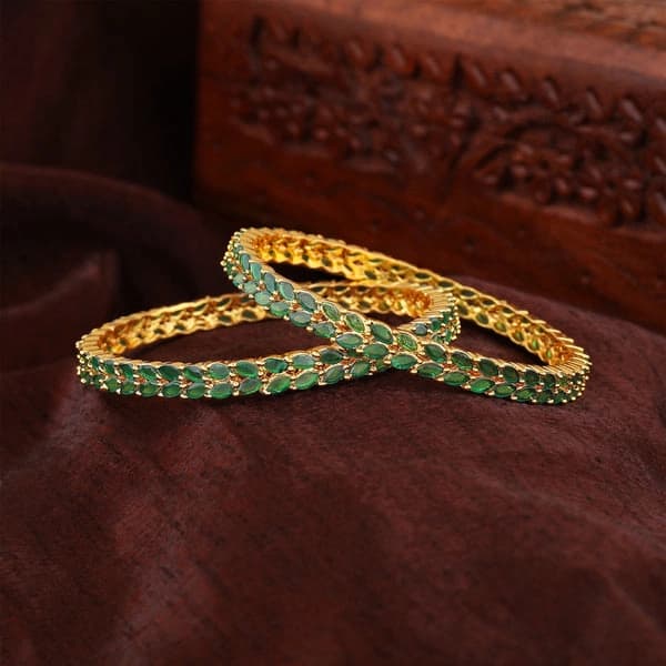Women's Gold Plated Leafy Designer 2.6 Size Bangles with Green American Diamonds
