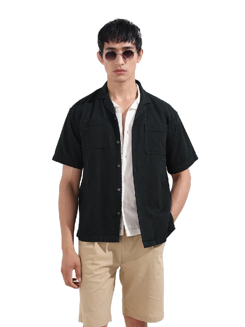 Men's Green Casual Textured Regular Fit Cotton Shirt