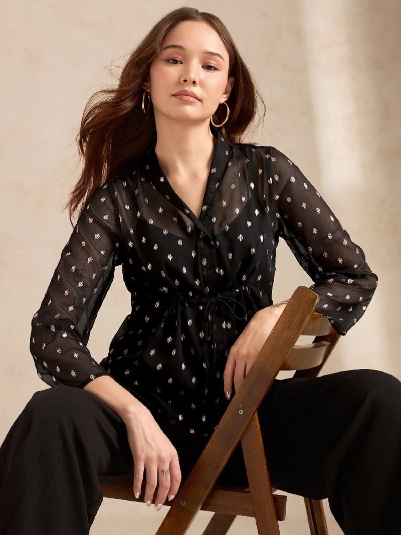 Women's Black Party Printed Regular Fit Top