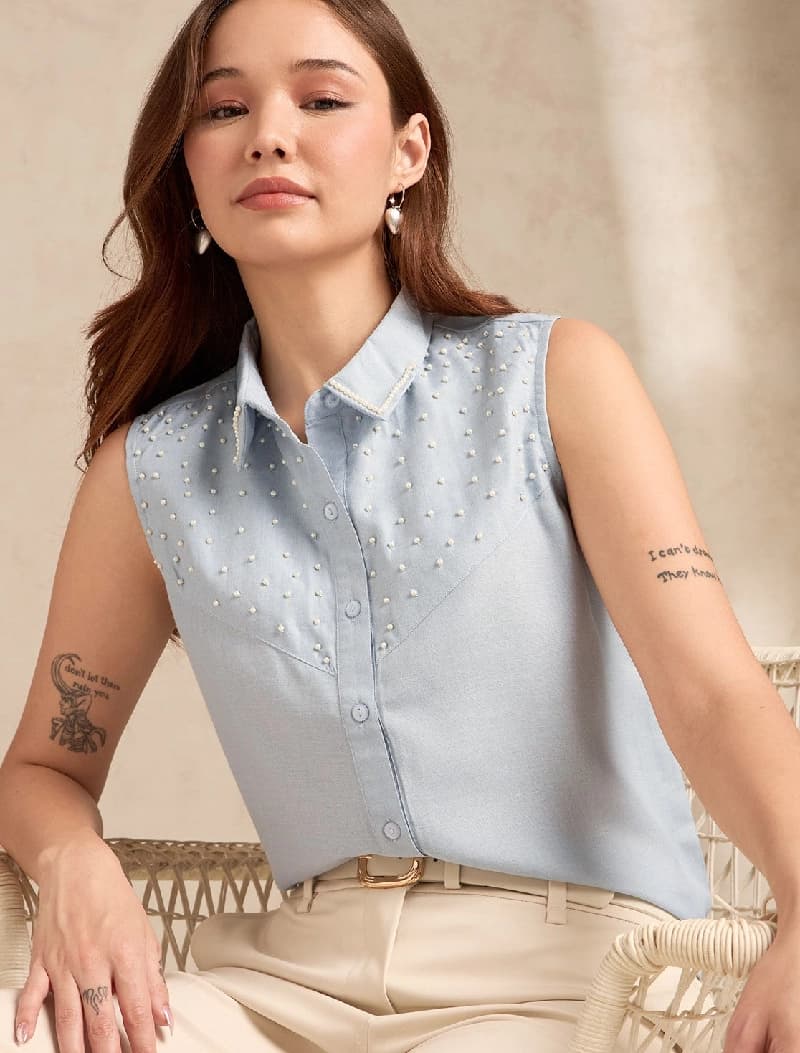 Women's Blue Casual Self-Design Regular Fit Shirt