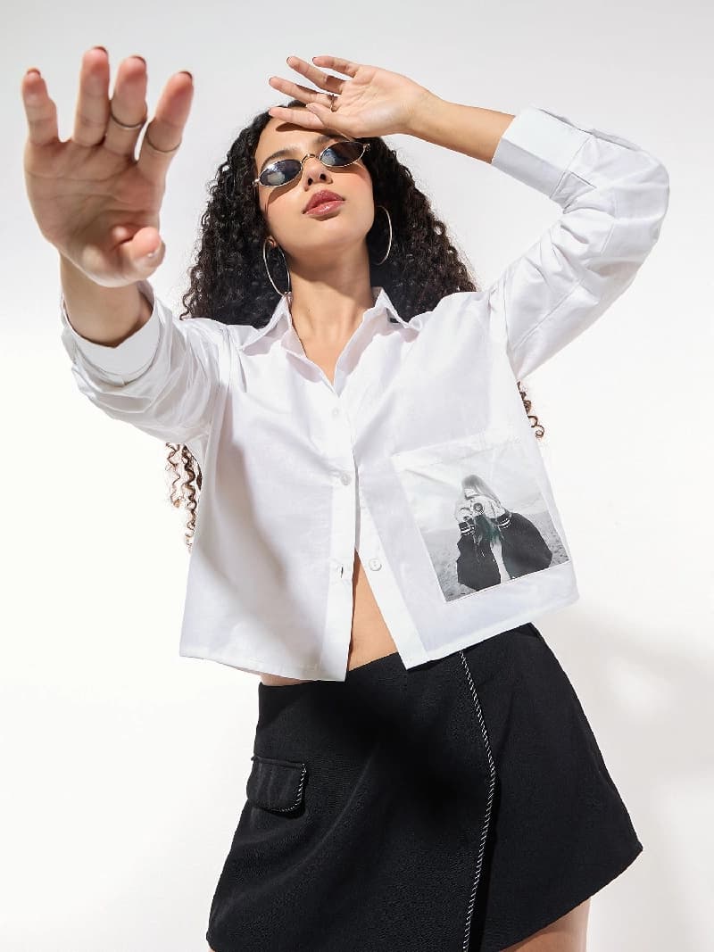 Women's White Casual Graphic Oversized Fit Shirt