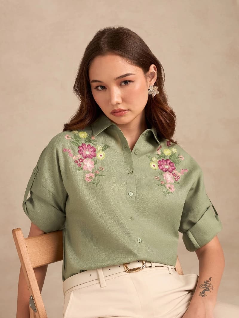Women's Green Casual Floral Oversized Fit Shirt