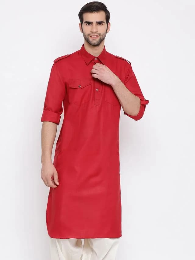 Men's Red Festive Cotton Kurta