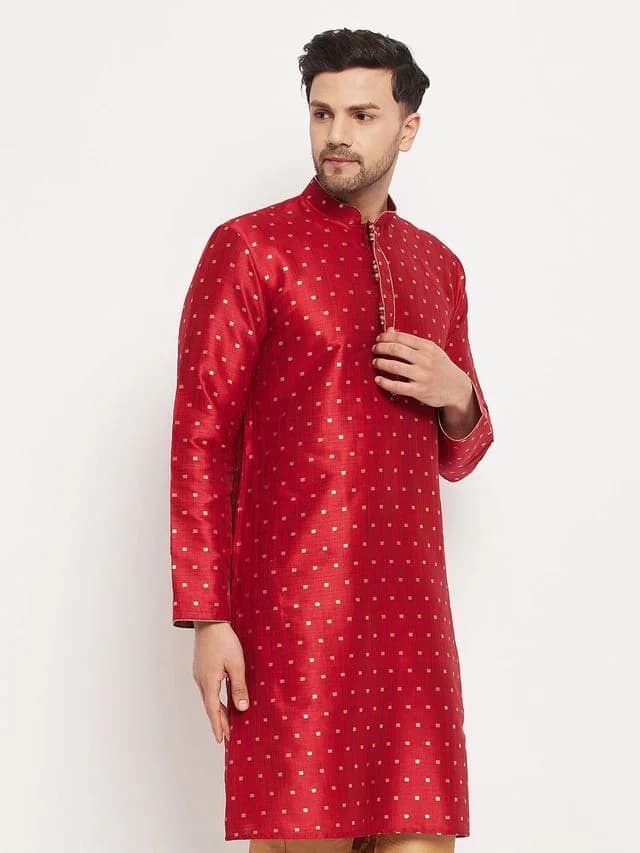Men's Red Festive Silk Kurta