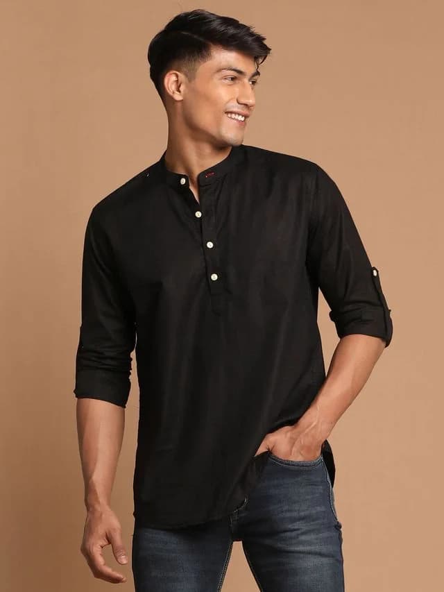 Men's Black Festive Full Sleeves Short Cotton Kurta