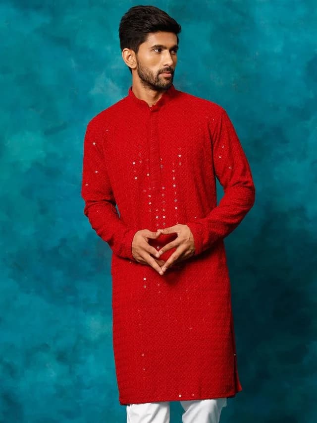 Men's Red Festive Cotton Kurta