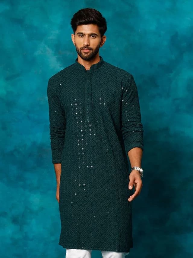 Men's Green Festive Cotton Kurta