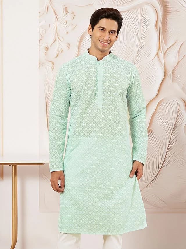 Men's Green Festive Cotton Kurta