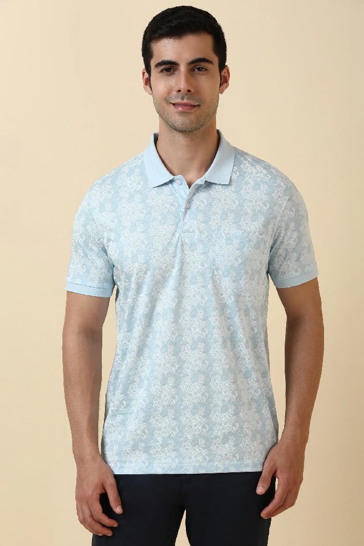 Men's Blue Casual Printed Regular Fit Polo Tshirt