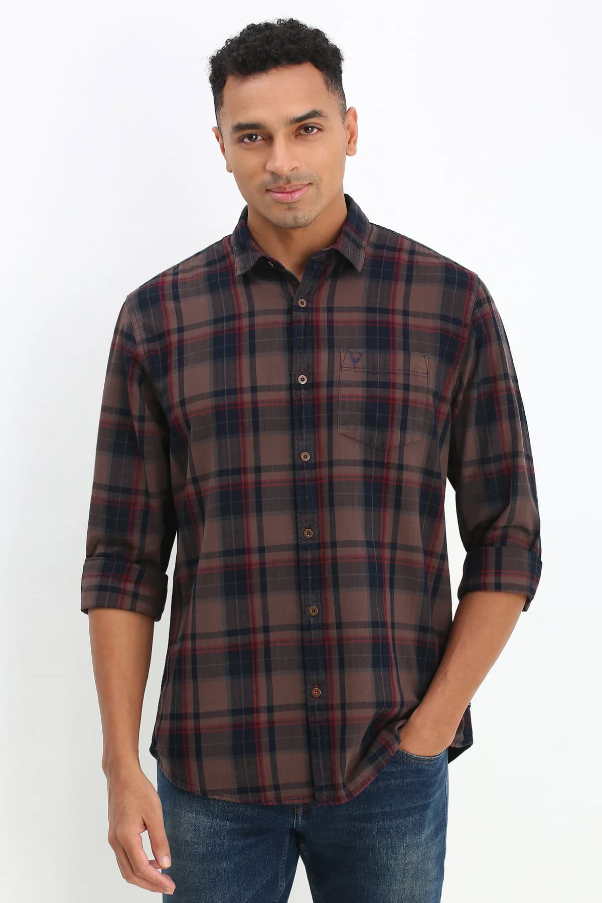 Men's Brown Casual Checked Slim Fit Cotton Shirt