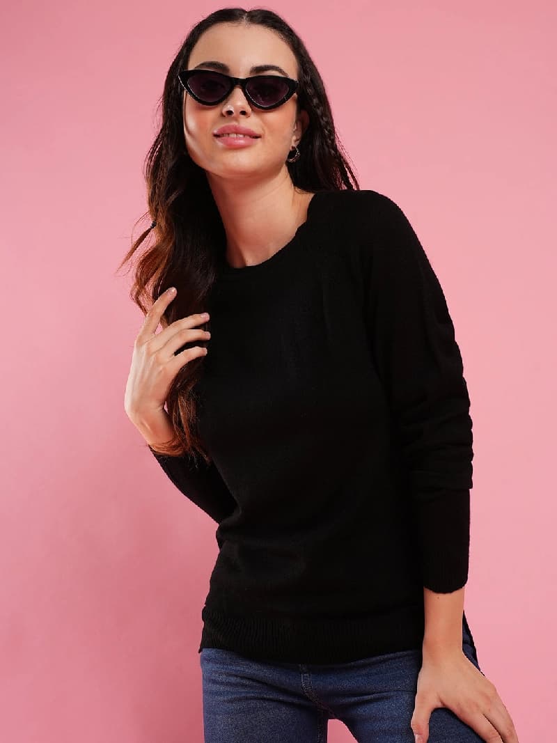 Women's Black Casual Solid Regular Fit Sweater