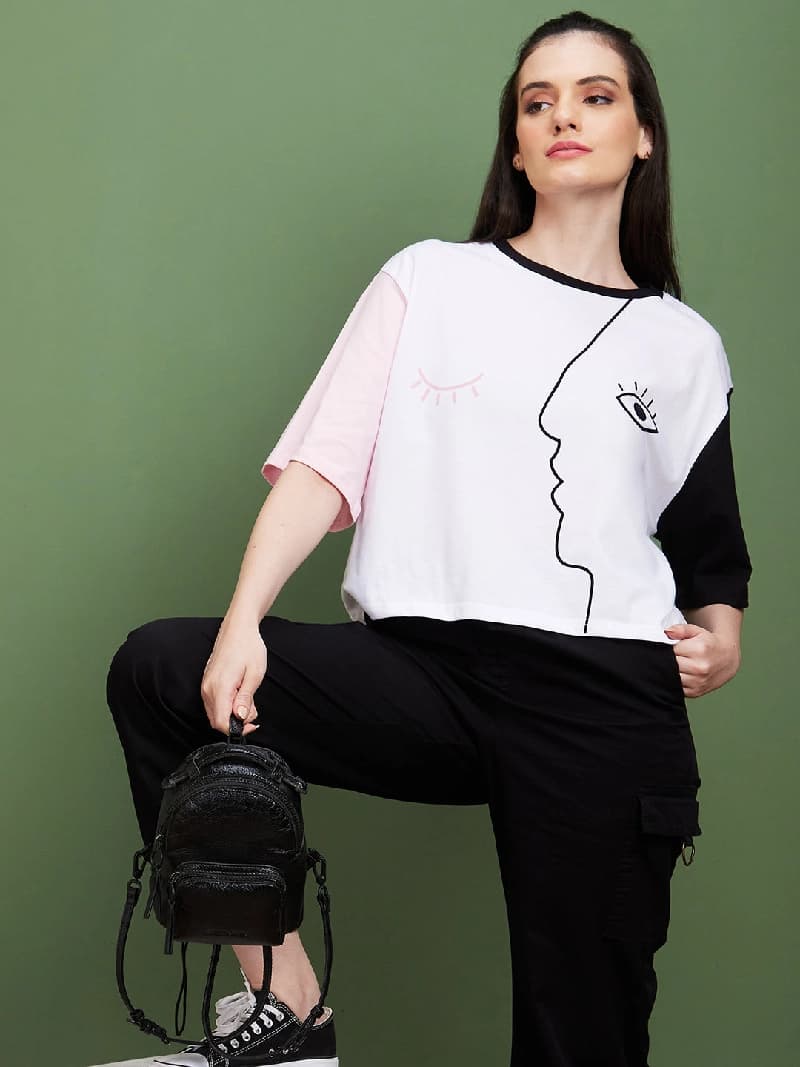 Women's White Casual Printed Oversized Fit Top