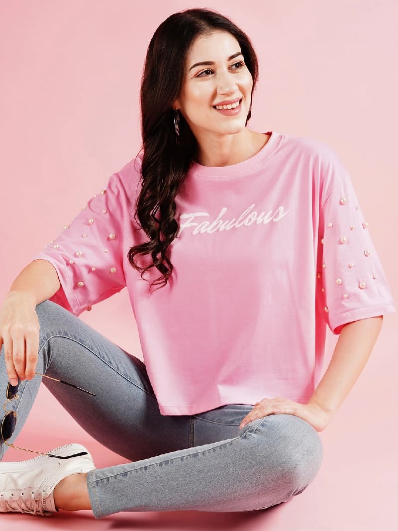 Women's Pink Casual Printed Oversized Fit Tshirt