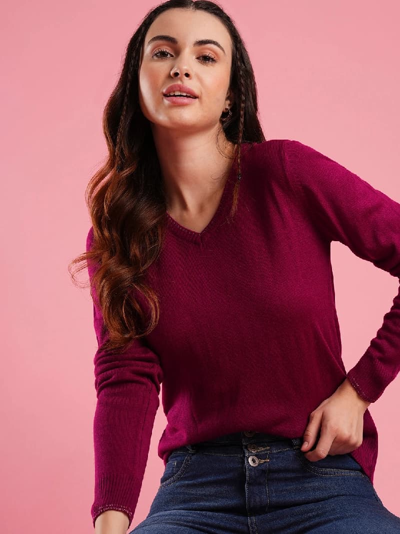 Women's Pink Casual Solid Regular Fit Sweater