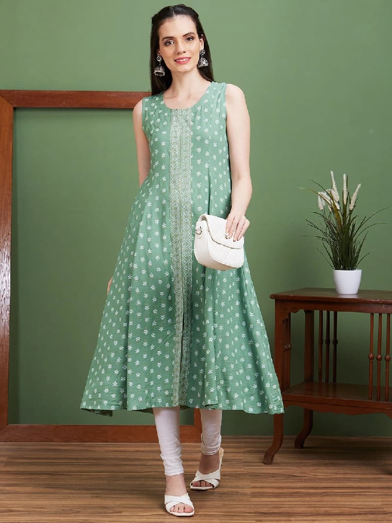 Women's Green Casual Printed Regular Fit Kurta
