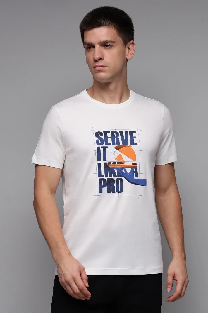 Men's White Casual Printed Regular Fit Tshirt
