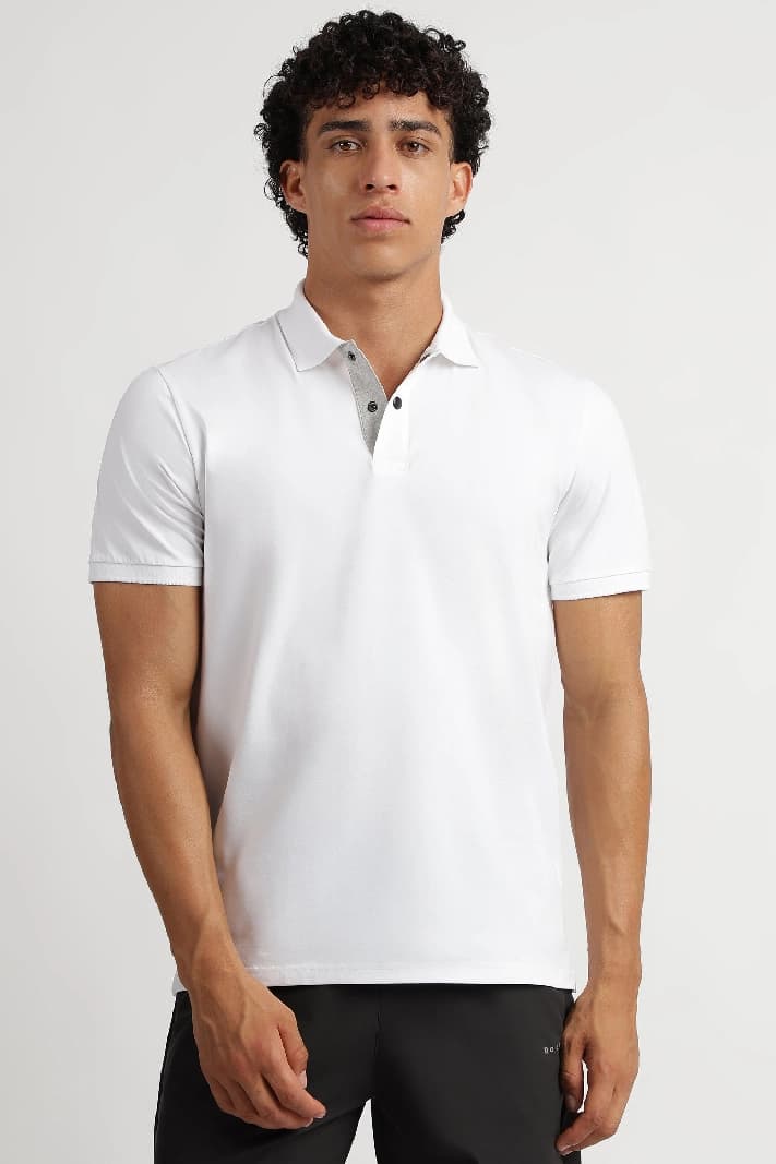 Men's White Casual Solid Regular Fit Polo Tshirt