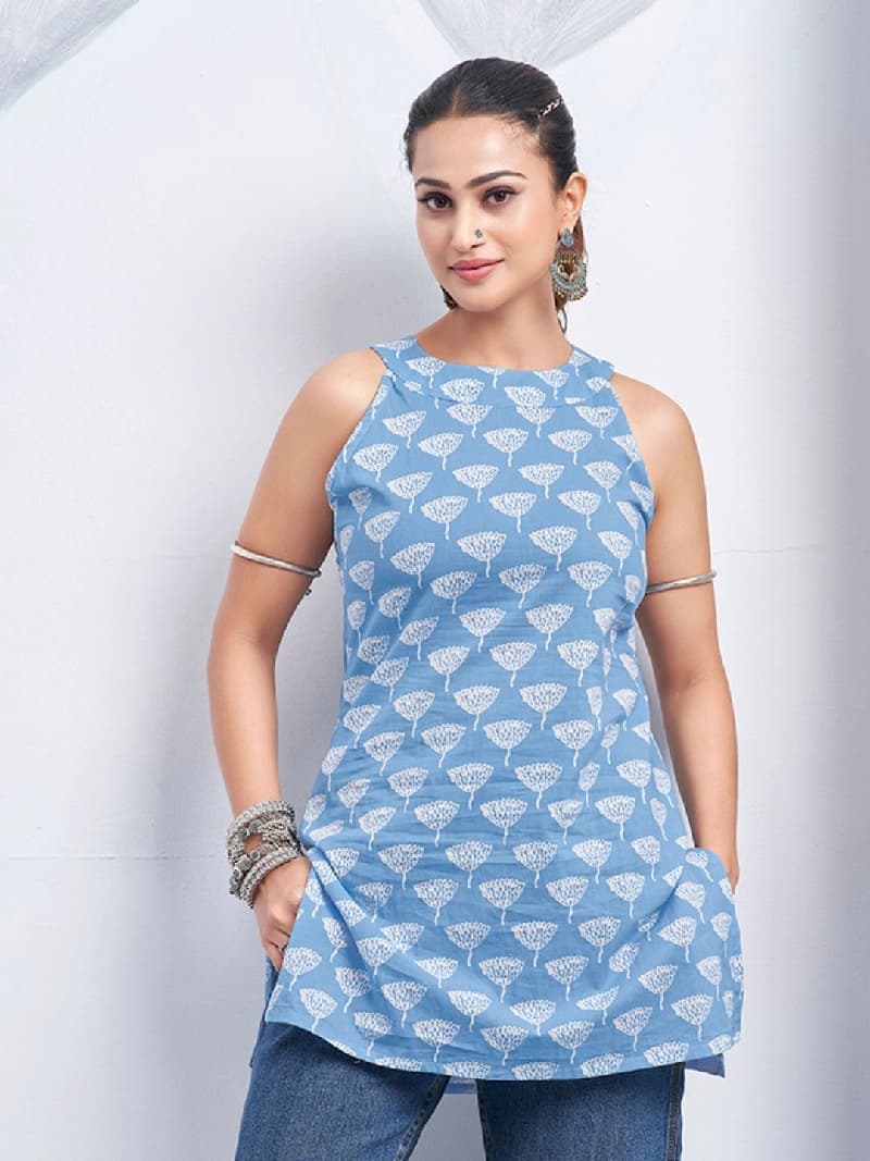 Women's Blue Color Backless with White Floral Print Short Kurti