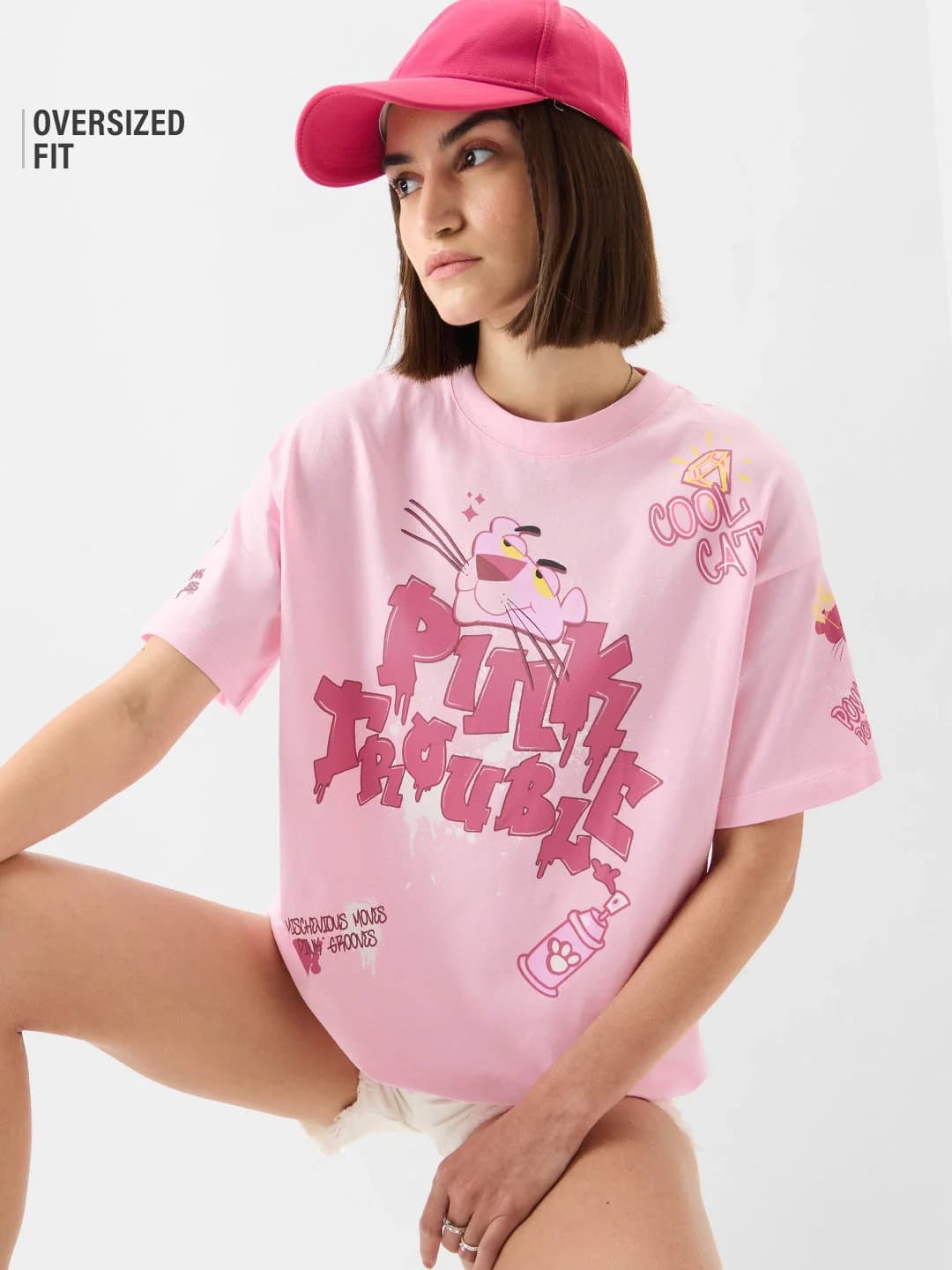 Women's Pink Casual Graphic Oversized Fit Tshirt