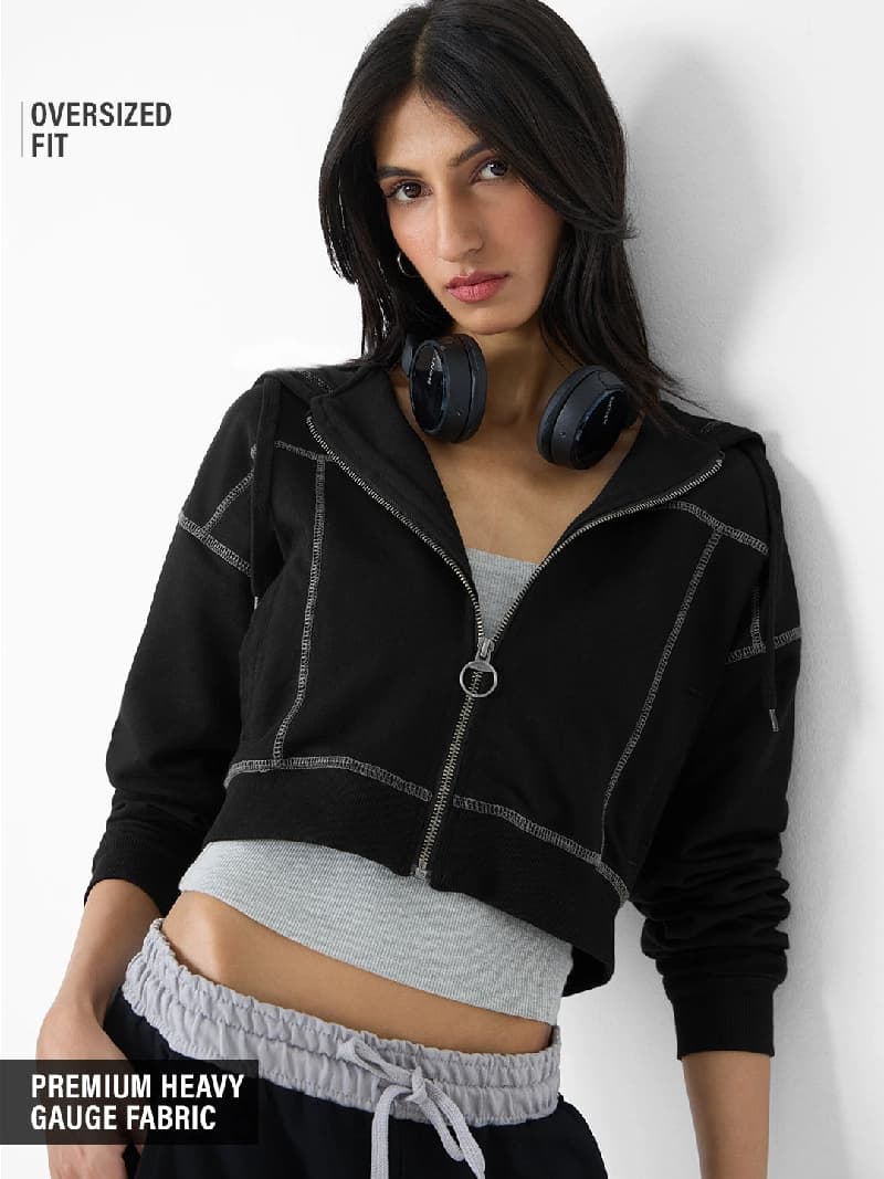 Women's Black Casual Solid Oversized Fit Hoodie