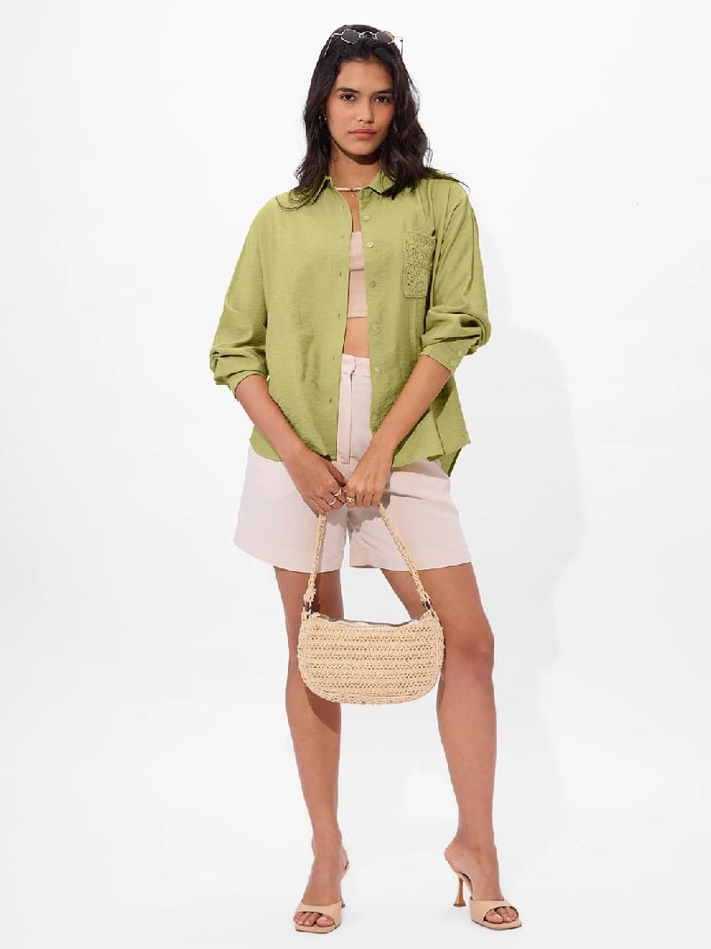 Women's Green Casual Solid Oversized Fit Shirt