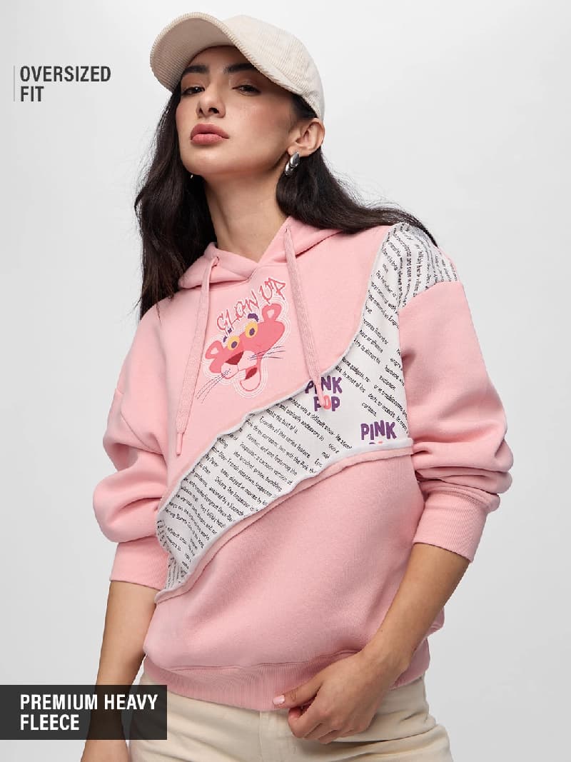 Women's Pink Casual Printed Oversized Fit Hoodie