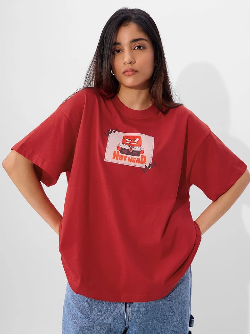 Women's Red Casual Graphic Oversized Fit Tshirt