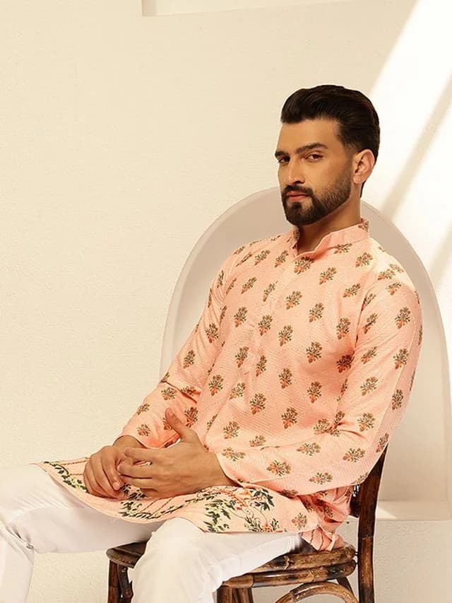 Men's Pink Festive Floral Cotton Kurta