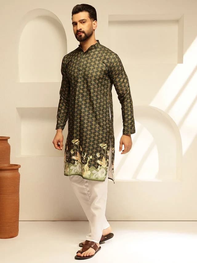 Men's Green Festive Floral Regular Fit Cotton Kurta