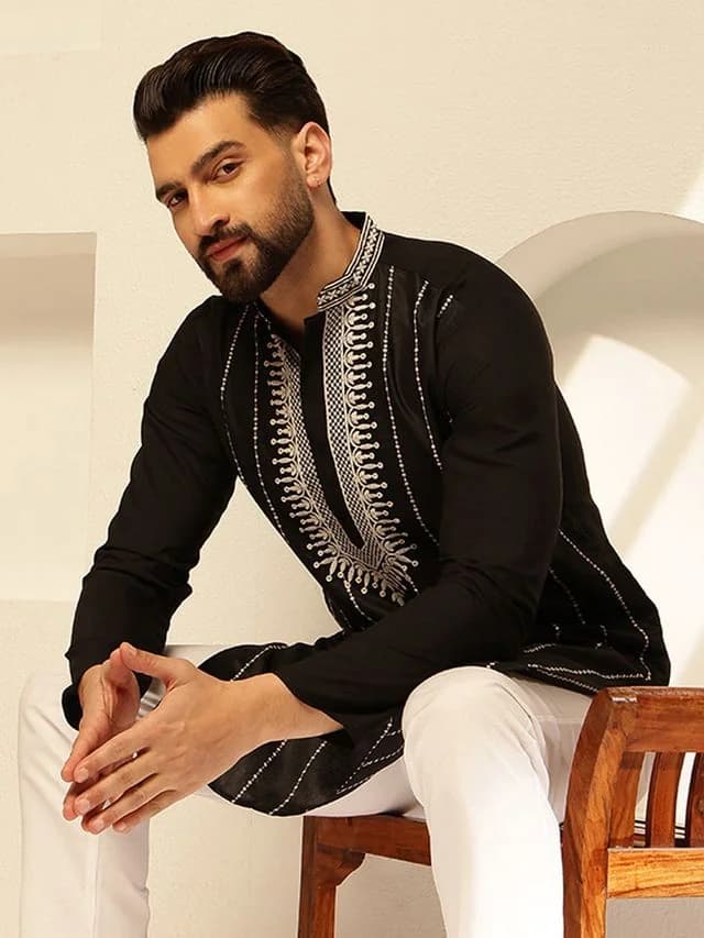 Men's Black Festive Regular Fit Cotton Kurta