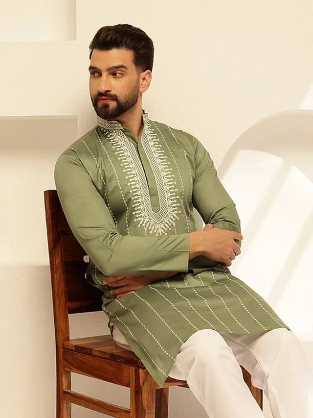 Men's Green Festive Regular Fit Cotton Kurta