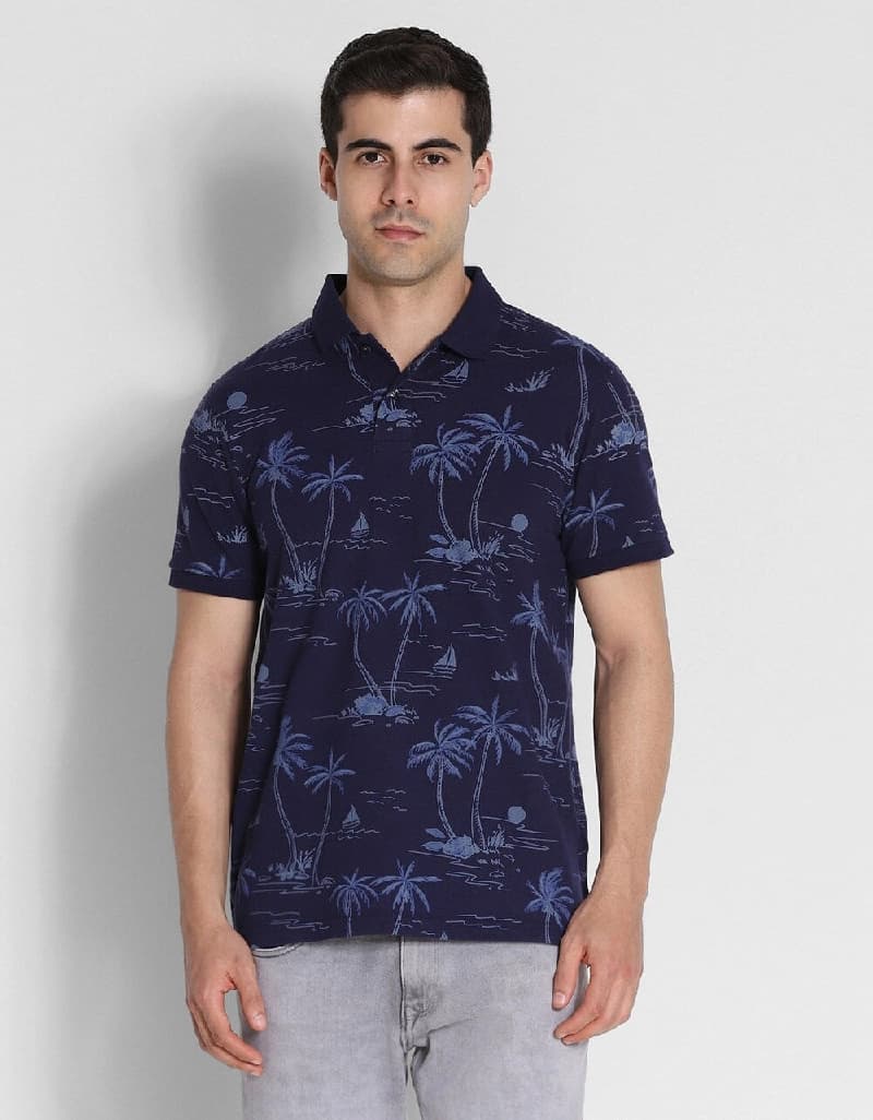 Men's Navy Casual Printed Regular Fit Polo Tshirt
