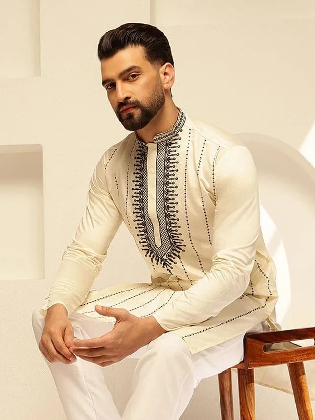 Men's White Festive Regular Fit Cotton Kurta