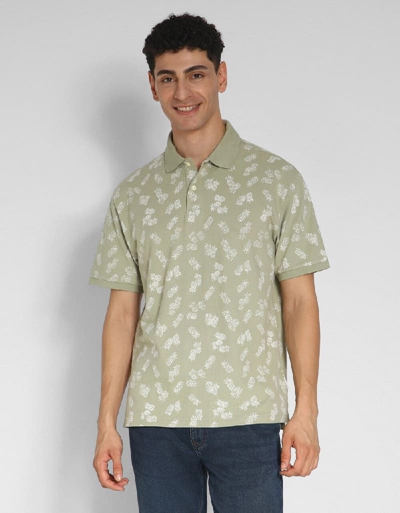 Men's Green Casual Printed Regular Fit Polo Tshirt