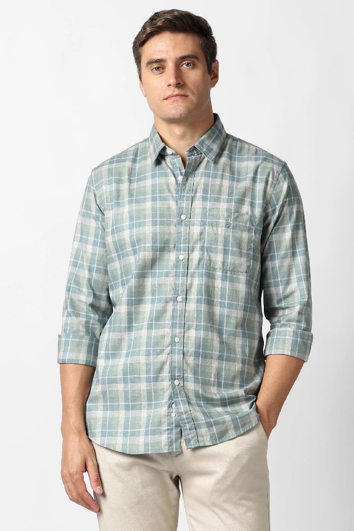 Men's Green Casual Checked Slim Fit Cotton Shirt