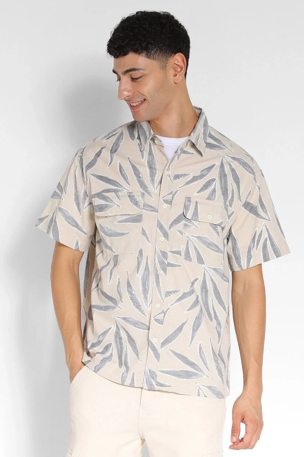 Men's Beige Casual Printed Regular Fit Cotton Shirt