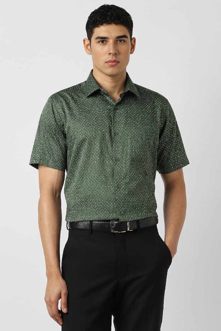 Men's Green Formal Printed Regular Fit Shirt