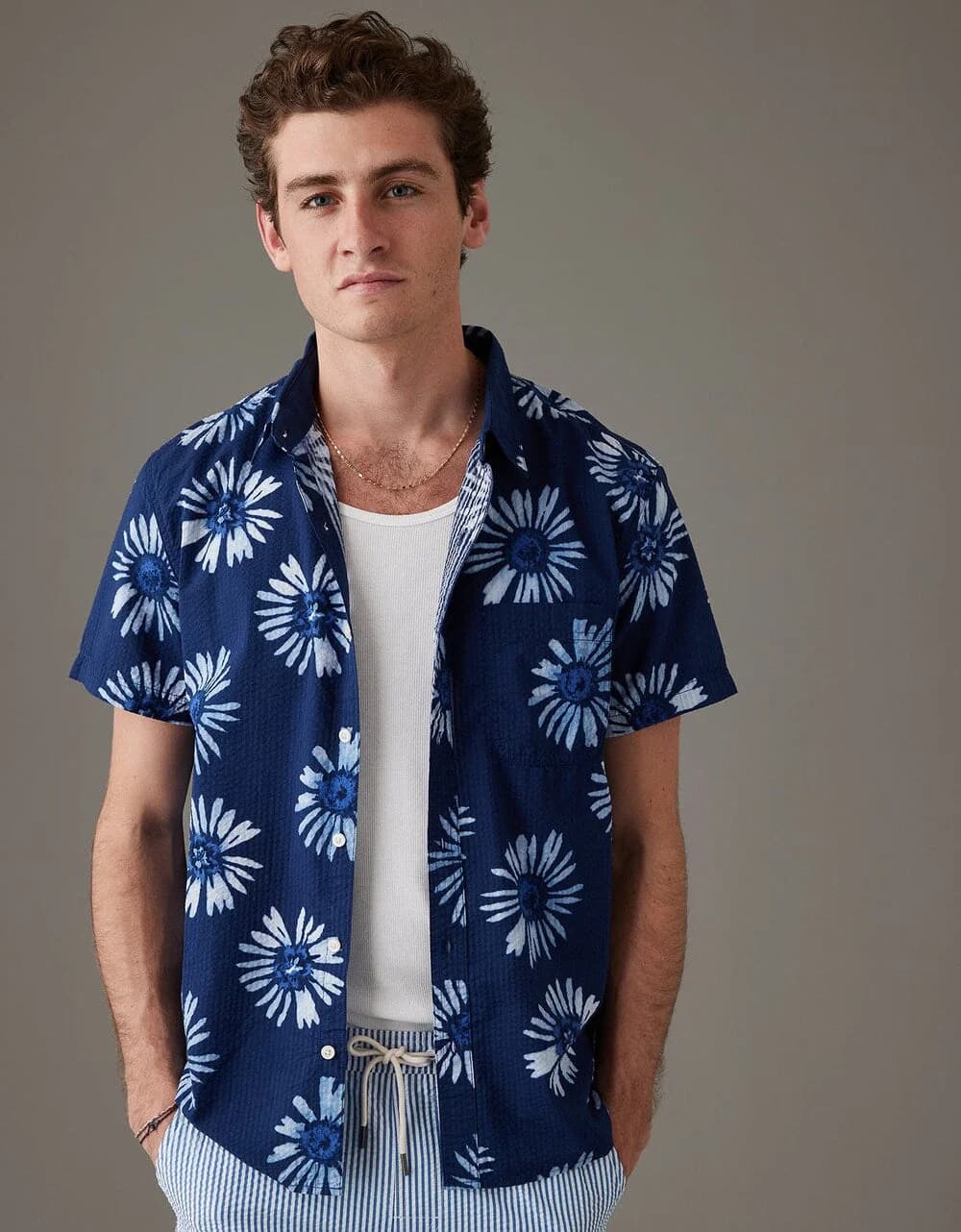 Men's Navy Casual Printed Regular Fit Cotton Shirt