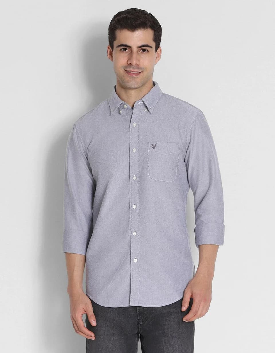 Men's Grey Casual Solid Slim Fit Cotton Shirt