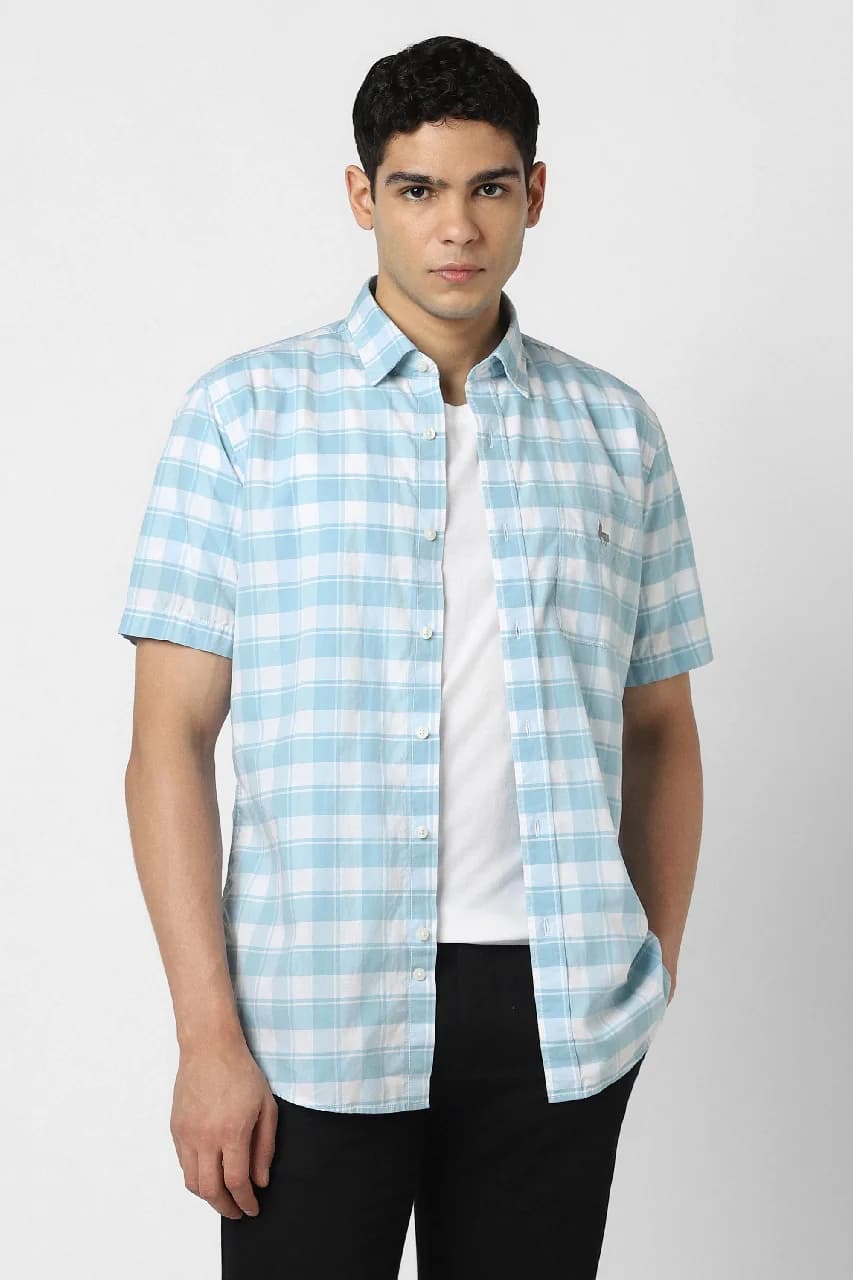 Men's Blue Casual Checked Slim Fit Cotton Shirt