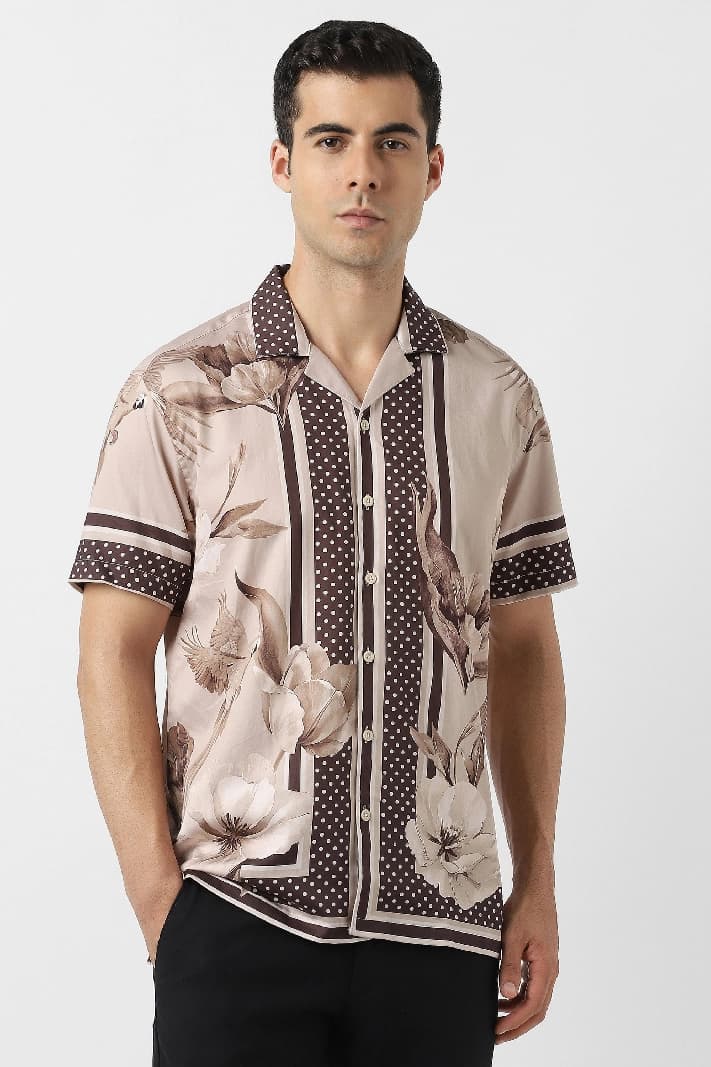 Men's Beige Casual Printed Regular Fit Shirt
