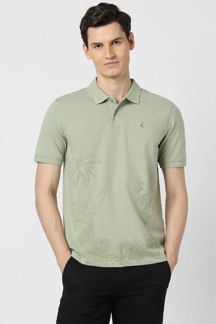 Men's Green Casual Printed Regular Fit Polo Tshirt