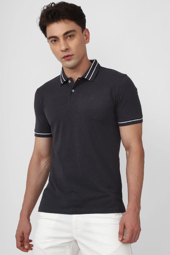 Men's Grey Casual Solid Regular Fit Polo Tshirt