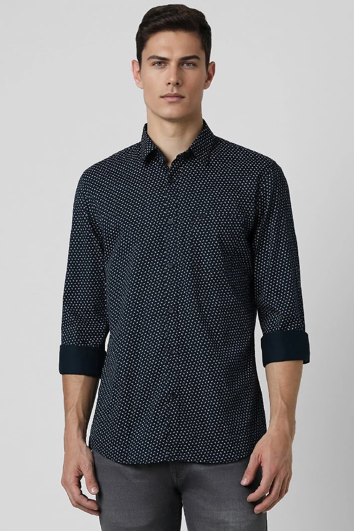 Men's Navy Casual Printed Slim Fit Cotton Shirt