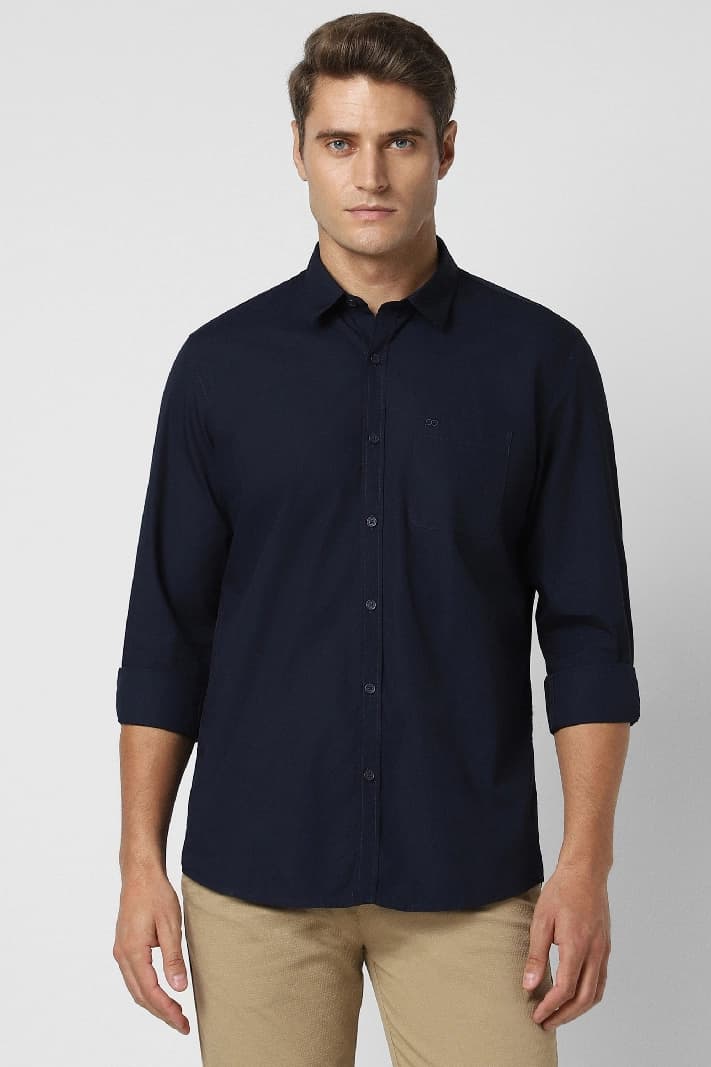 Men's Navy Casual Solid Slim Fit Shirt