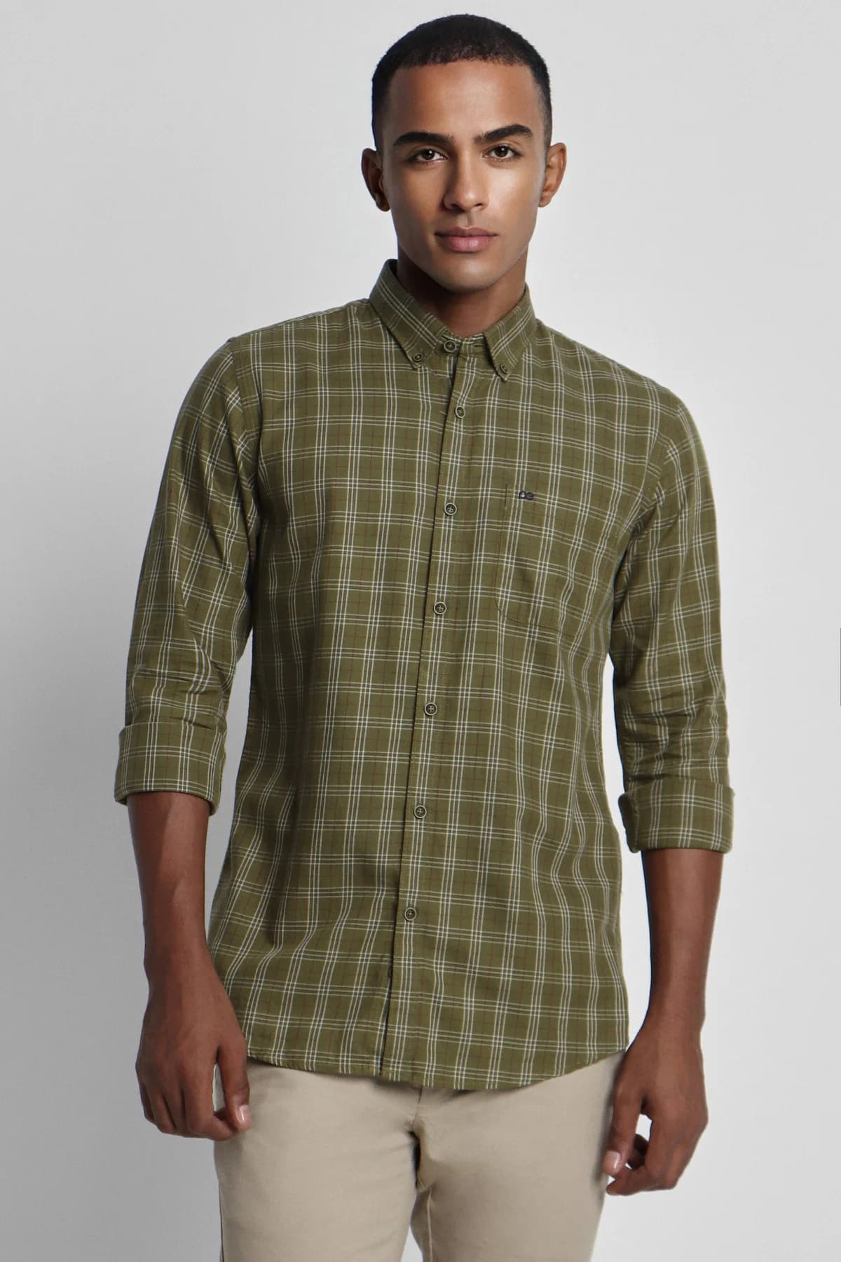 Men's Green Casual Checked Slim Fit Cotton Shirt
