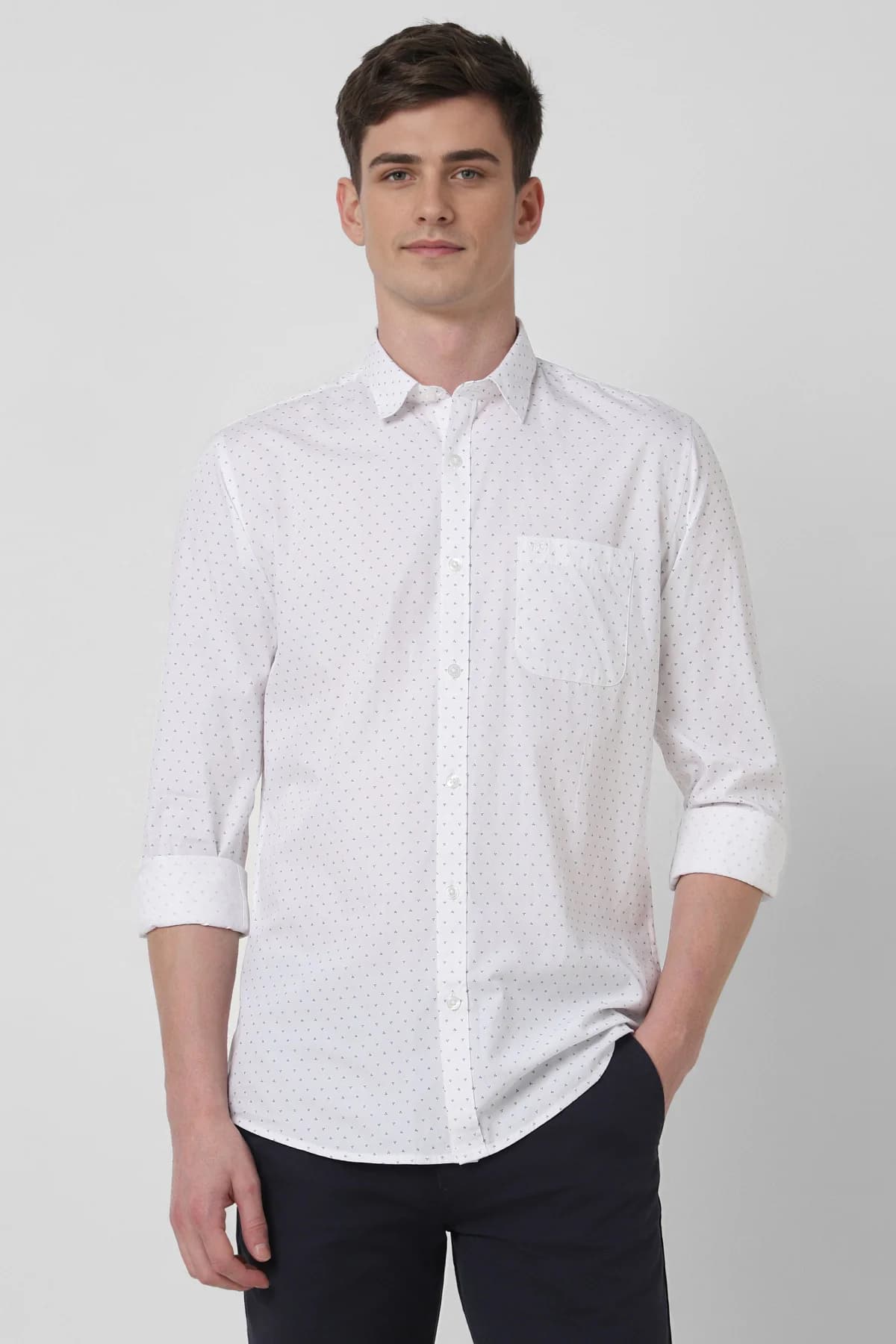 Men's White Casual Printed Slim Fit Cotton Shirt