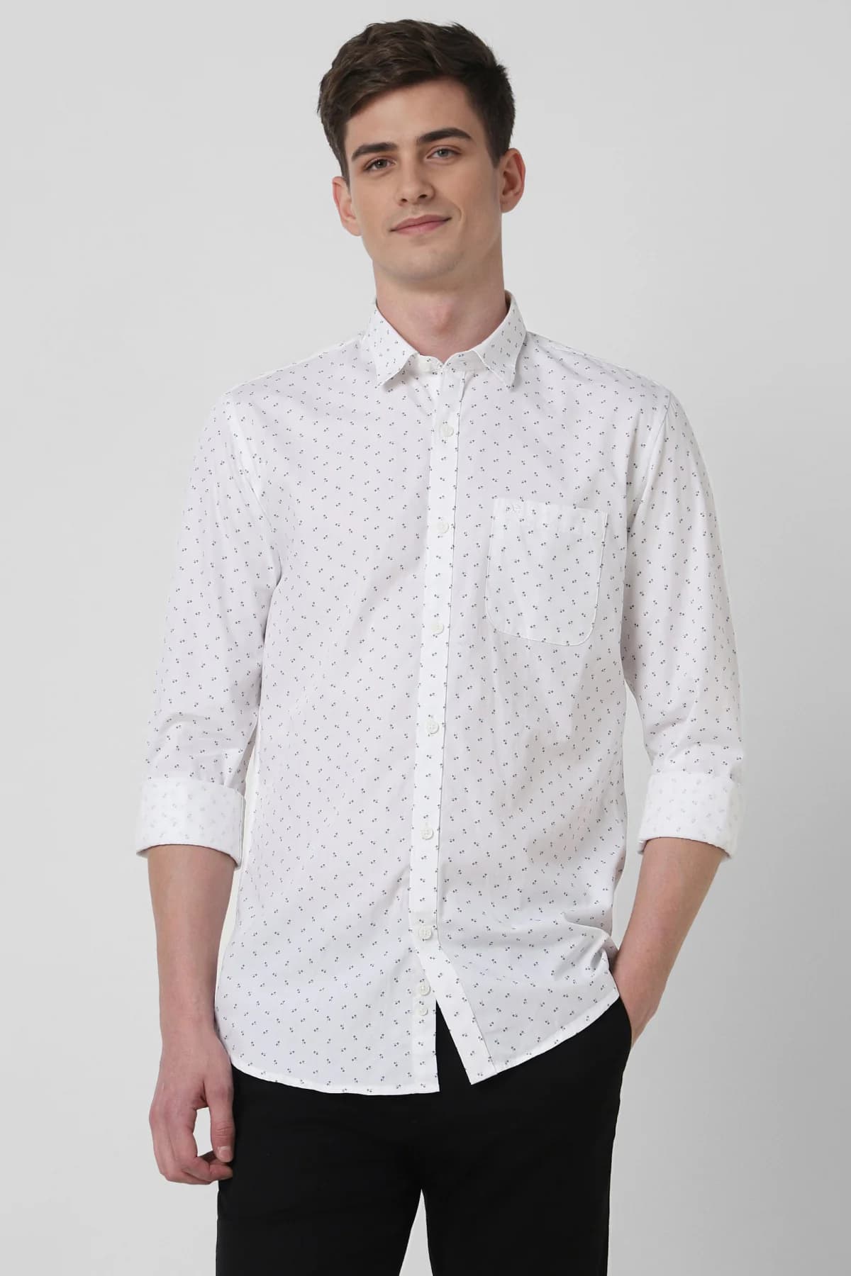 Men's White Casual Printed Slim Fit Cotton Shirt