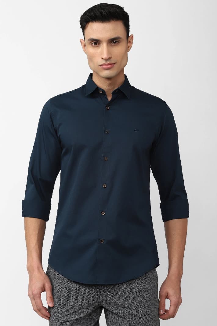 Men's Navy Casual Solid Slim Fit Shirt