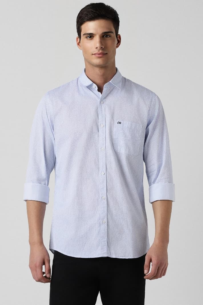 Men's Blue Casual Printed Slim Fit Cotton Shirt